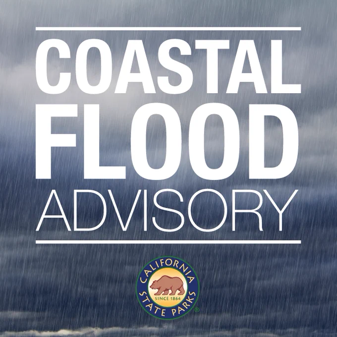 Image of storm clouds with heavy rain. Text reads: Coastal Flood Advisory. The State Parks Logo is at the bottom.