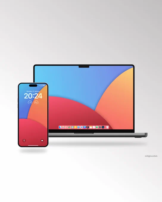 iPhone and Macbook mockups using gradient geometrics wallpapers on a grey background