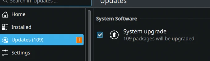 Discover open in Plasma 6 showing "Updates (109) in the left hand pane, and "System upgrade, 109 packages will be upgraded" selected in the right.