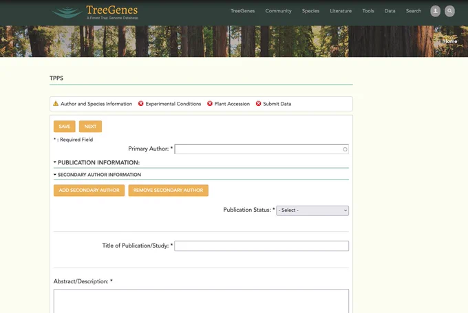 A screenshot of the first page of the Tripal Plant PopGen Submit (TPPS) form for data upload to TreeGenes and CartograPlant.