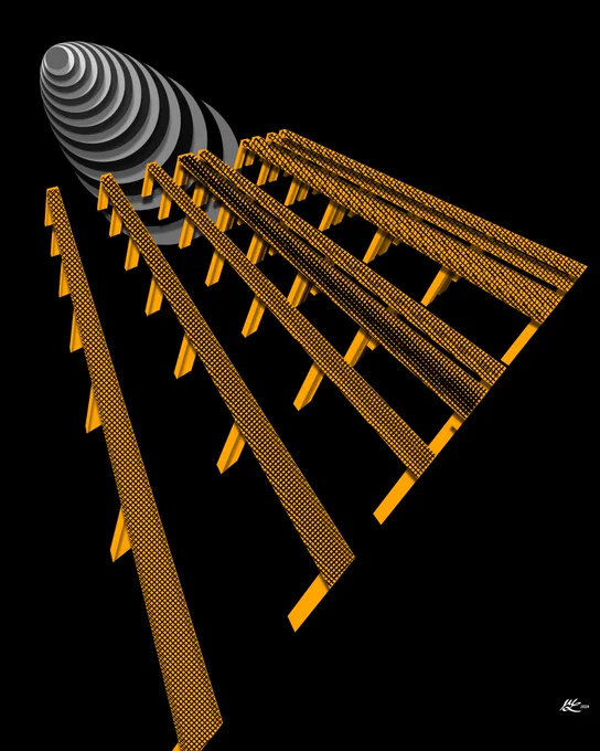 Several parallel boards, propped up by flimsy single board pillars, converge with perspective towards a lit tunnel of concentric circles. It is all a little odd.