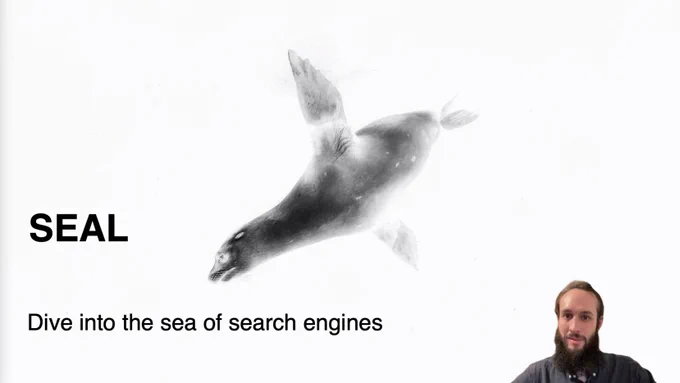 Presentation Slide with Text:

SEAL

Dive into the sea of search engines

In the background a seal and in the right bottom my webcam show me.
In t