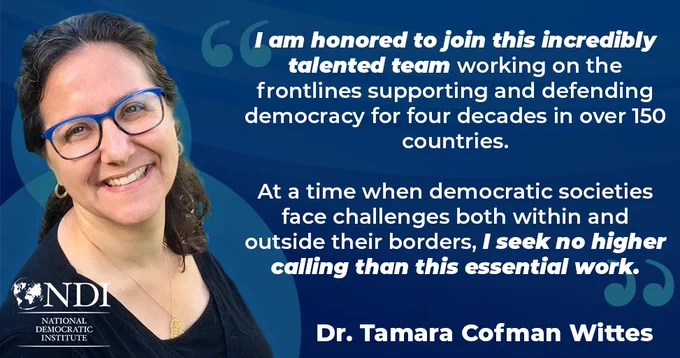Graphic showing incoming NDI President Dr. Tamara Cofman Wittes with quote. 