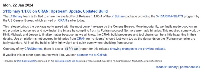 Screenshot of blogpost at https://dirk.eddelbuettel.com/blog/2024/01/22#x13binary_1.1.60 describing release 1.1.60 of CRAN package x13binary 