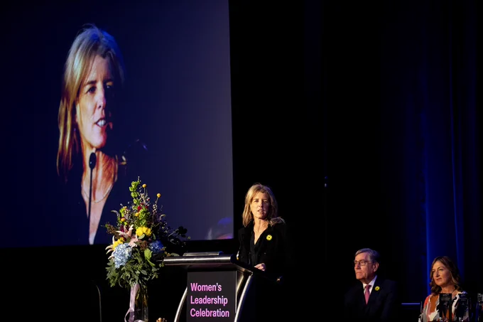  Filmmaker Rory Kennedy, daughter of Robert F. Kennedy, gives remarks from a stage after receiving the Women’s Leadership Celebration Filmmaking Leadership award.