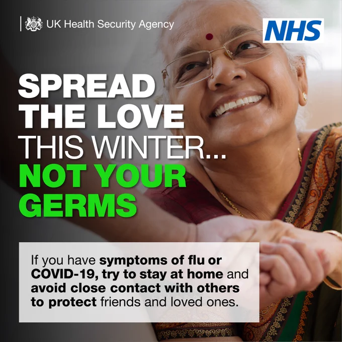A visual of an older women, smiling off camera. The text reads: Spread the love this winter…not your germs. If you have symptoms of flu or COVID-19, try to stay at homes and avoid close contact with others to protect friends and loved ones.