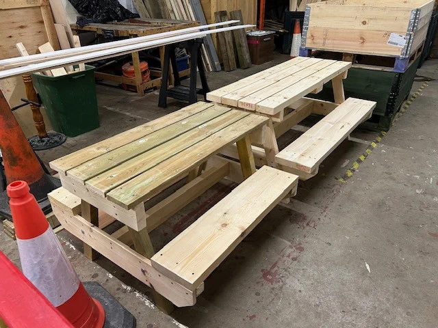 Image of picnic benches built for Sauchie ELC by the community payback unpaid work team