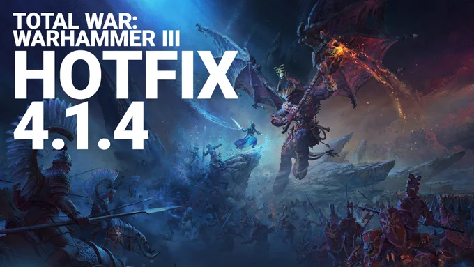 Image of Katarin from Total War: PHARAOH fighting a Khorne Bloodthirster. Other Warhammer factions can be seen fighting around them. Text reads Total War: WARHAMMER III Hotfix 4.1.4.
