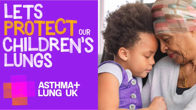 Image of a women and child smiling. Text says: Lets protect our children's lungs.