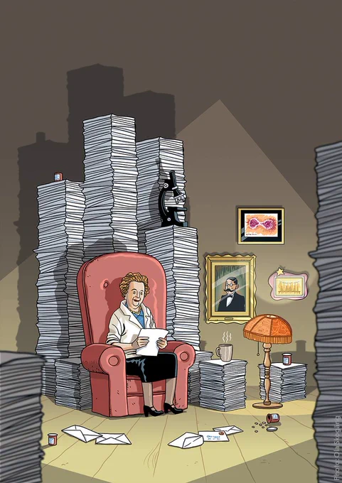 A cartoon illustration of Gertrude Elion surrounded by piles of letters.