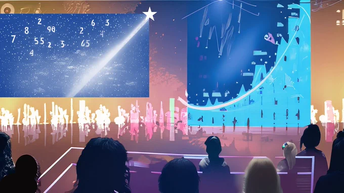View of a stage from behind the first few rows of people, the stage has a huge background of stars and galaxies with a large shooting star in the centre 