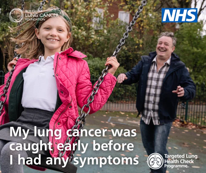 Visual of a someone aged between 55-74 pushing a young child on a swing.  The text reads:  My lung cancer was caught early before I had any symptoms.  Targeted Lung Health Check Programme.