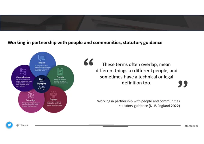 Sample slide from presentation that shows NHS England's statutory guidance for working in partnership with people and communities