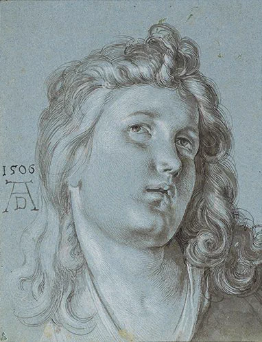 Albrecht Dürer, Angel from Feast of the Rose Garlands, 1506, Brush on blue paper, 270 × 208 mm. Vienna, Albertina, inv. no. 3099 © Albertina, Vienna