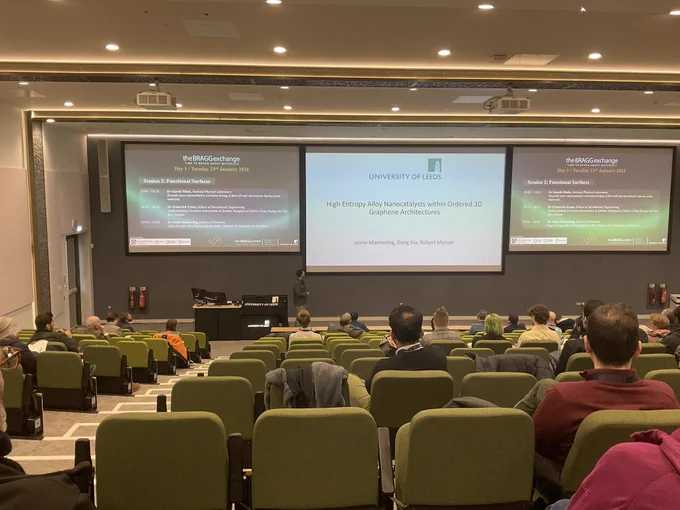 View from the back of a lecture theatre - lots of people sat watching a person at the front present.