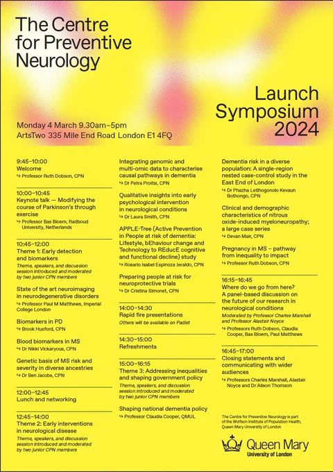 Agenda for the Centre for Preventive Neurology Launch Symposium on Monday 4th March, 9.30 - 5pm
