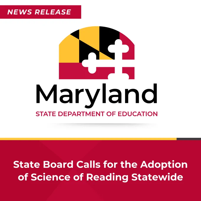 News release graphic with full-color MSDE logo. Bottom red box reads, "State Board Calls for the Adoption of Science of Reading Statewide."