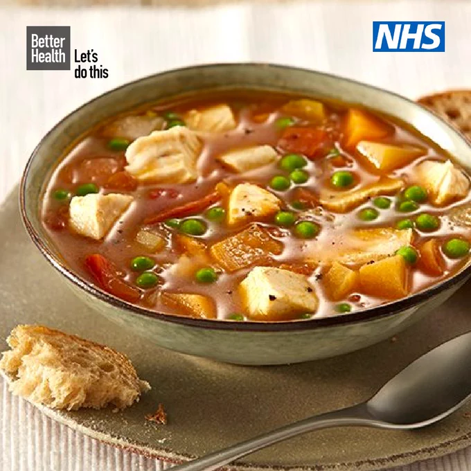 Visual of spicy chicken veg soup. Better Health logo is in the top left corner. NHS logo is in the top right corner.