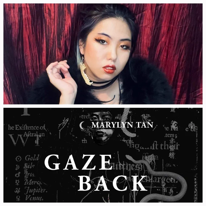 Split image. Marylyn Tan gazes back at the camera above a copy of the covee of her poetry collection: Gaze Back