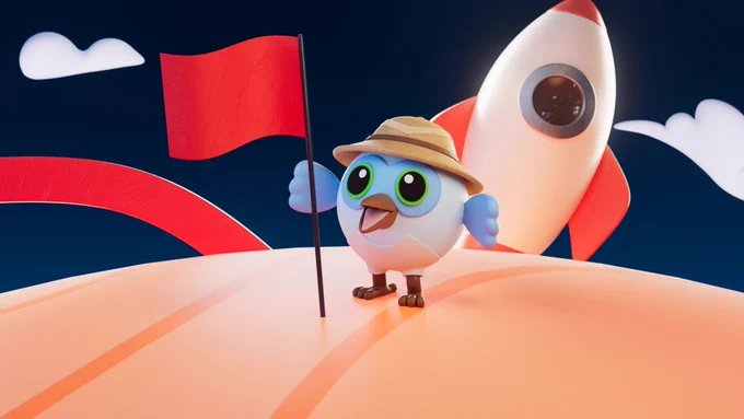 Image of Flutter's mascot Dash on what appears to be a planet, holding a flag in the ground. A rocketship is behind her.