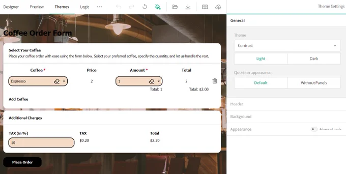 a dynamic order form that allows users to order coffee