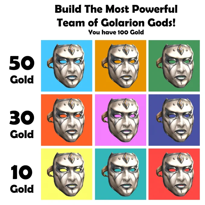 An image depicting a grid of deity symbols (all Razmir) with the caption "Build the most Powerful Team of Golarion Gods, you have 100 gold".
