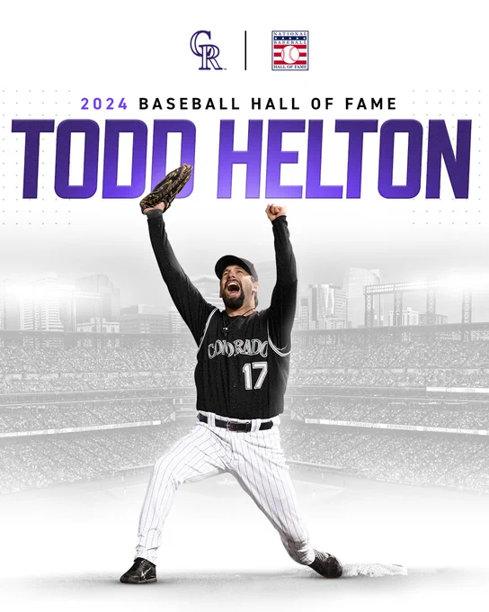 A white graphic that has a greyscale image of Coors Field in the background. In the foreground, Todd Helton is celebrating with his hands extended in the air. The graphic reads, “2024 Baseball Hall of Fame, Todd Helton” Helton is wearing the Rockies black vest jersey with black long sleeves underneath and white pinstripe pants. 