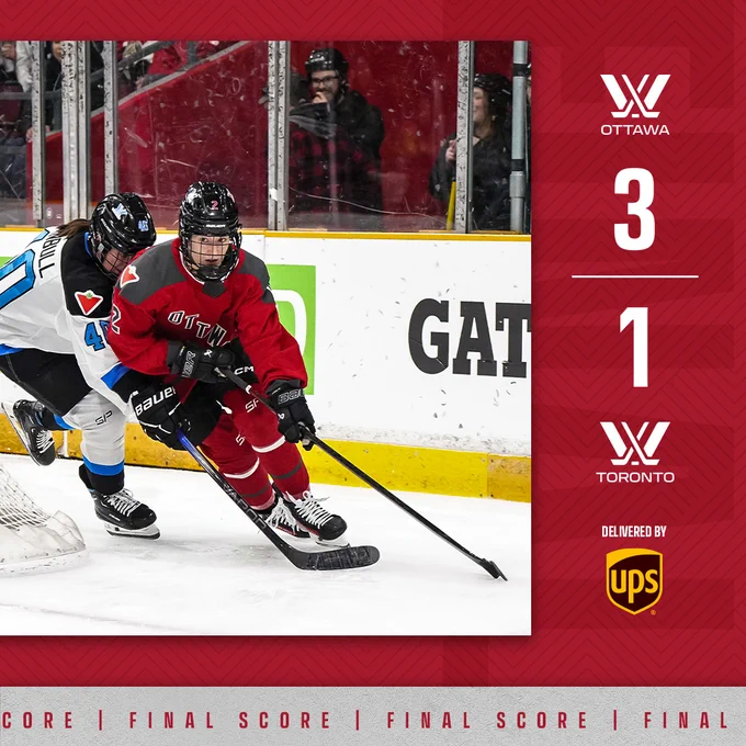 Final score graphic delivered by UPS. A game photo of Aneta Tejralová in a red PWHL Ottawa jersey is on the left. Score is in white text on a red background. The score reads PWHL OTT 3 – 1 PWHL TOR. 