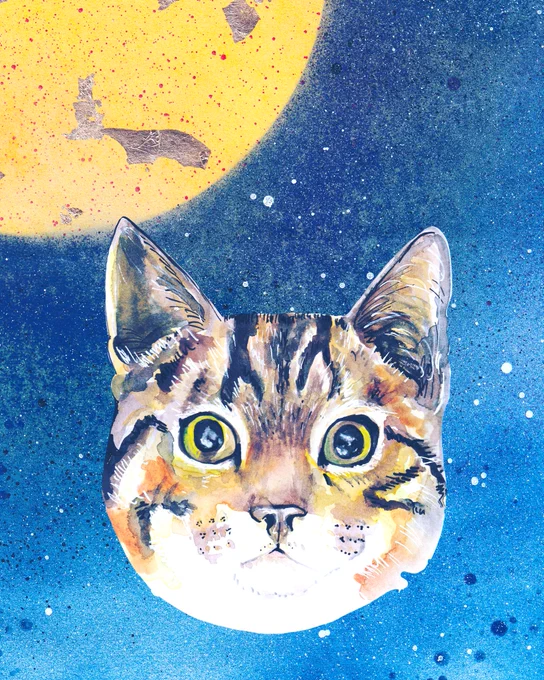 Watercolour painting of a cat’s face (tabby cat) against a spray painted background which features a dark blue space scene with white flecks to represent starts and the moon visible in the top left corner.
