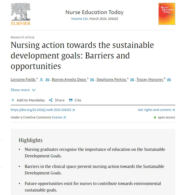 screenshot of paper titled "Nursing action towards the sustainable development goals: Barriers and opportunities" in journal Nurse Education Today. 