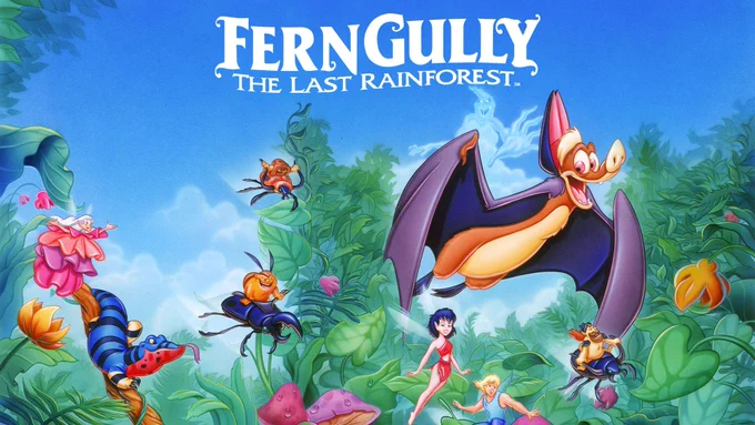 Poster for the movie FernGully: The Last Rainforest, featuring all of the main characters on a forest canopy background