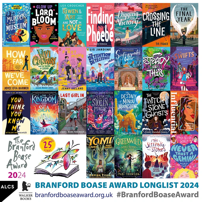 A graphic showing the 25 books on this year's Branford Boase Award longlist, plus award logo and sponsor logos, ALCS and Walker Books