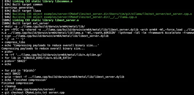 A screenshot of completed terminal output when building ollama from scratch with CGo.