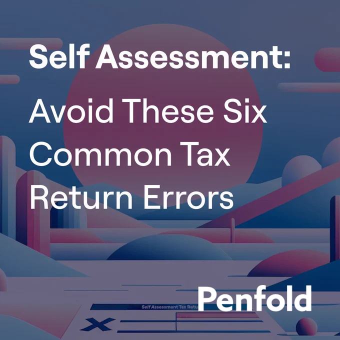 Graphic with text: 'Self Assessment: Avoid These Six Common Tax Return Errors' in bold white font, overlaid on a stylized abstract background featuring geometric shapes and a muted color palette of blues and purples.