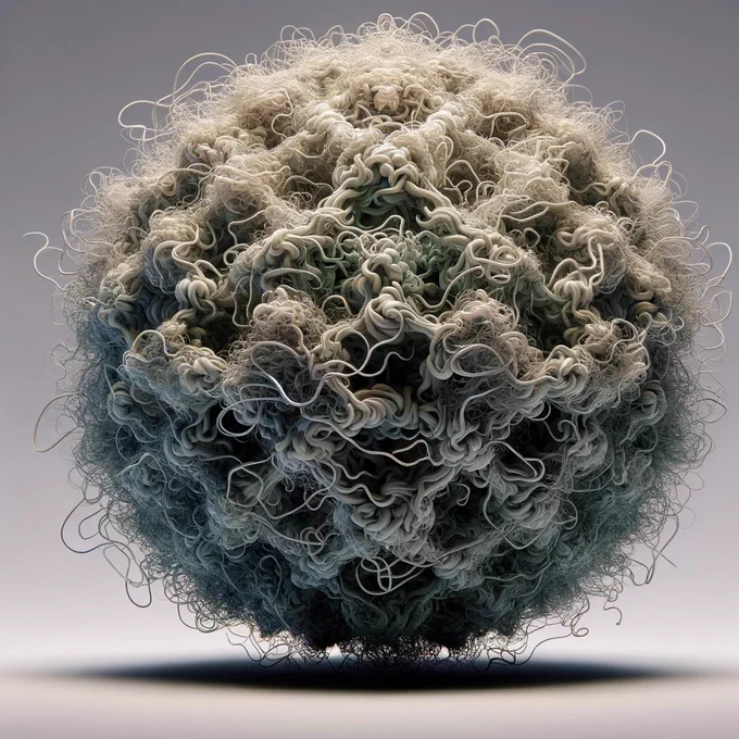 Visual representation of a sphere-shaped structure reflecting the complexity similar to the intrinsically disordered proteins in liquid condensates (source: Dall.E3).