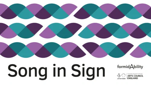Various shades of purple and blue in wavy lines against a white background. Black text below reads song in sign.