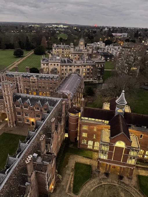 A stunning (if we do say so ourselves) view of St John's from the top of the College's Chapel Tower. It was taken at dusk so some windows are illuminated across the historic College site. 
