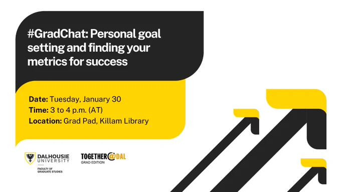 Two bubbles with the following text layered over top:

#GradChat: Personal goal setting and finding your metrics for success
Date: Tuesday, January 30
Time: 3 to 4 p.m. (AT) 
Location: Grad Pad, Killam Library