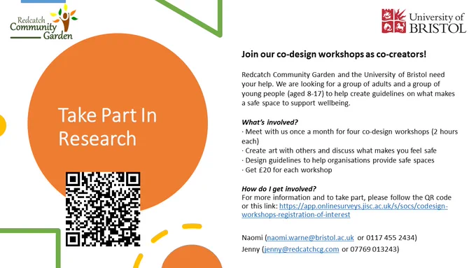 Colourful advert with text: 
"Join our co-design workshops as co-creators!

Redcatch Community Garden and the University of Bristol need your help. We are looking for a group of adults and a group of young people (aged 8-17) to help create guidelines on what makes a safe space to support wellbeing.

What’s involved?
· Meet with us once a month for four co-design workshops (2 hours each)
· Create art with others and discuss what makes you feel safe
· Design guidelines to help organisations provide safe spaces
· Get £20 for each workshop

How do I get involved?
For more information and to take part, please follow the QR code or this link: https://app.onlinesurveys.jisc.ac.uk/s/socs/codesign-workshops-registration-of-interest 

Naomi (naomi.warne@bristol.ac.uk or 0117 455 2434) 
Jenny (jenny@redcatchcg.com or 07769 013243)"
