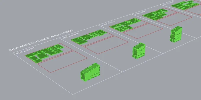 3d image of 3 WikiHouse blocks and their parts labeled Skylark Gable Wall 10 deg