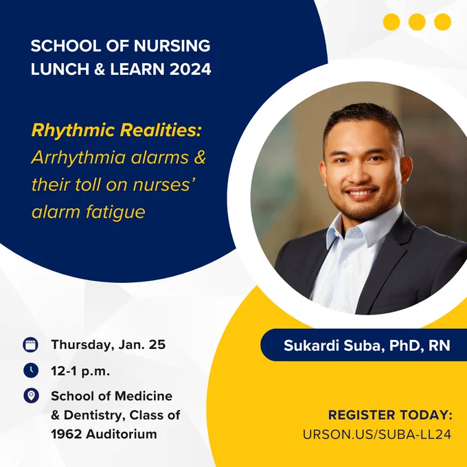 Graphic for School of Nursing Lunch and Learn. The event is Thursday, Jan. 25 from 12-1 p.m. at the School of Medicine & Dentistry's Class of 1962 Auditorium.