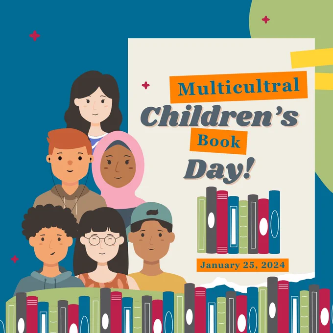 Graphic says "Multicultural Children's Book Day! January 25, 2024" and has images of 6 diverse students smiling.