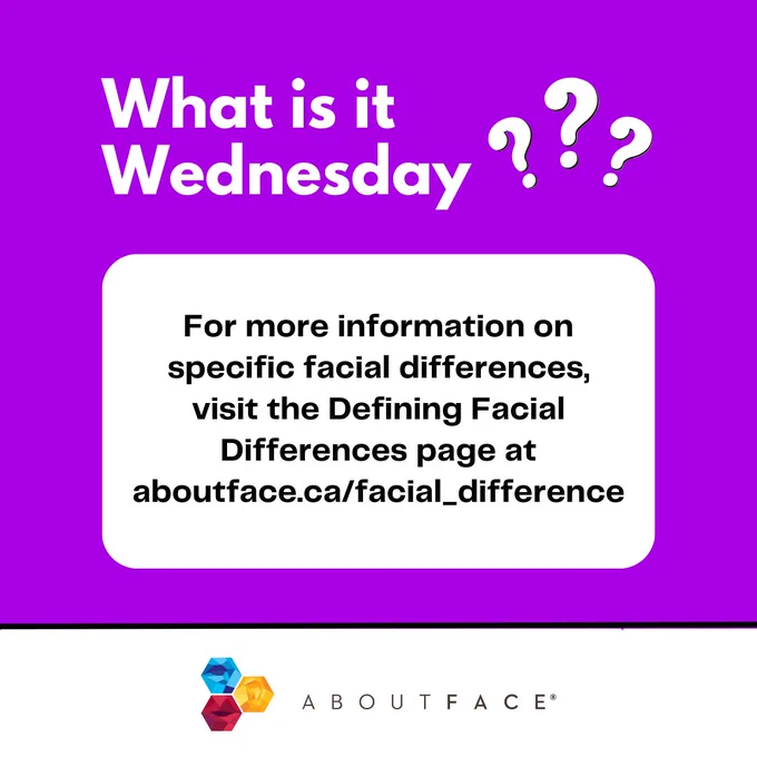 purple background with white text that reads "what is it wednesday" with white question marks. Black text on white background reads "For more information on specific facial differences, visit the Defining Facial Differences page at https://aboutface.ca/facial_difference/"