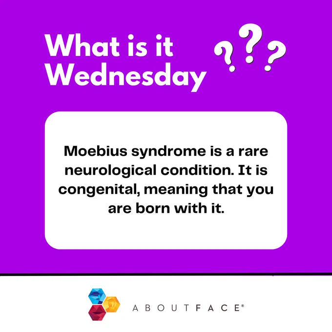 purple background with white text that reads "what is it wednesday" with white question marks. Black text on white background reads "Moebius syndrome is a rare neurological condition. It is congenital, meaning that you are born with it."
