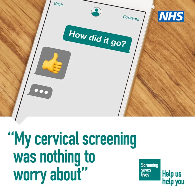 Visual of a mobile phone.  The text reads: How did it go.  Thumbs up emoji.  In quotes it reads: My cervical screening was nothing to worry about.
