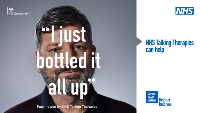 A close up photograph of a persons face with a neutral expression. Quote text features on top of the image, it reads: "I didn't think I could cope"

 A lower third box features in the bottom on the image. Text in the box reads: NHS Talking Therapies can help'`