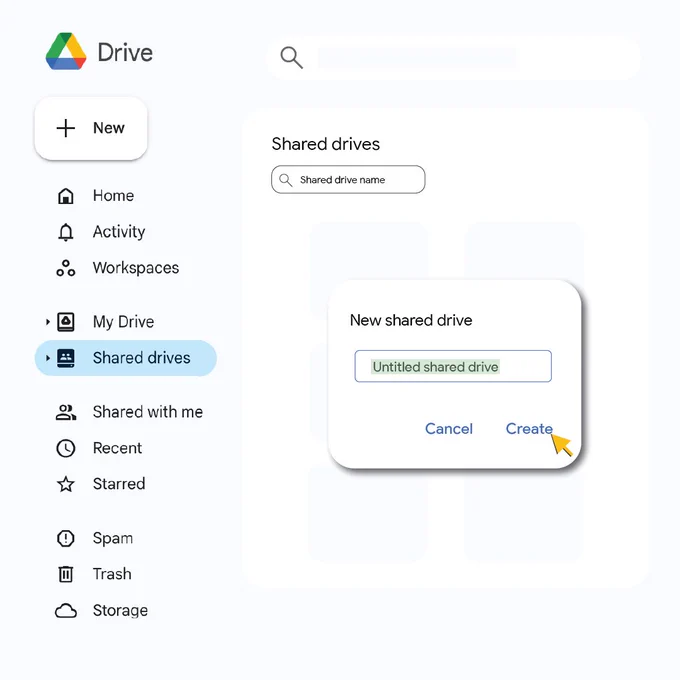 Illustration showing how to create a new shared drive.