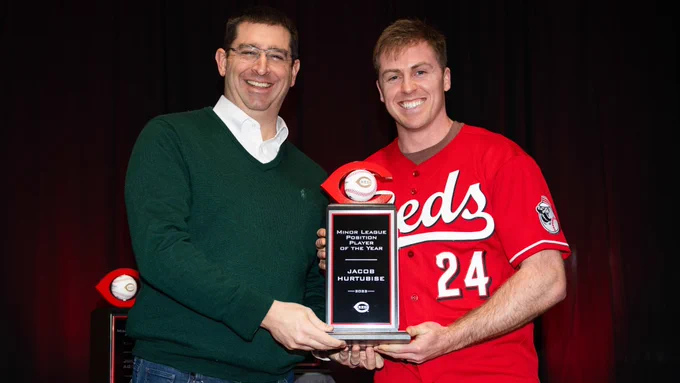 Nick Krall and Jacob Hurtubise pose for a photo while they hold Hurtubise's award for Minor League Position Player of the Year. 
