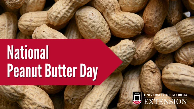 Shelled peanuts with a banner that says "Happy National Peanut Butter Day"