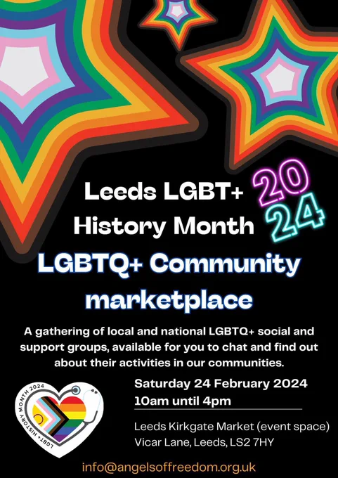 Flier advertising the LGBTQ  Community Market Place event 24/02 10-4 at Leeds Market…pop in  & found out what’s happening in Leeds